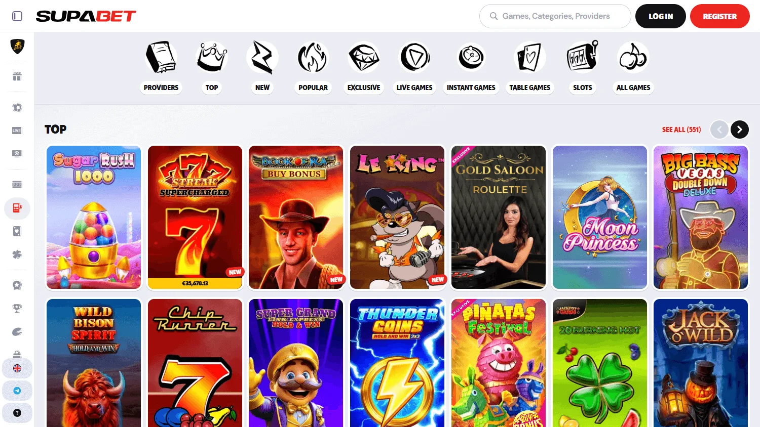 Supabet Casino games area on desktop