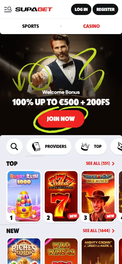 Supabet Casino home page on a mobile device