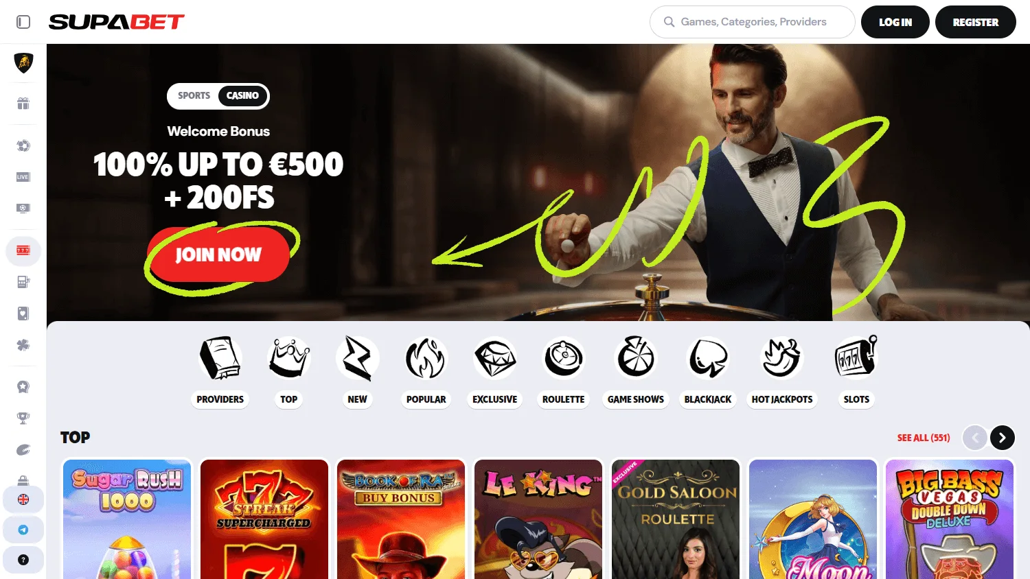 Supabet Casino home page on desktop
