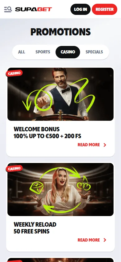 Supabet Casino promotions area on a mobile device